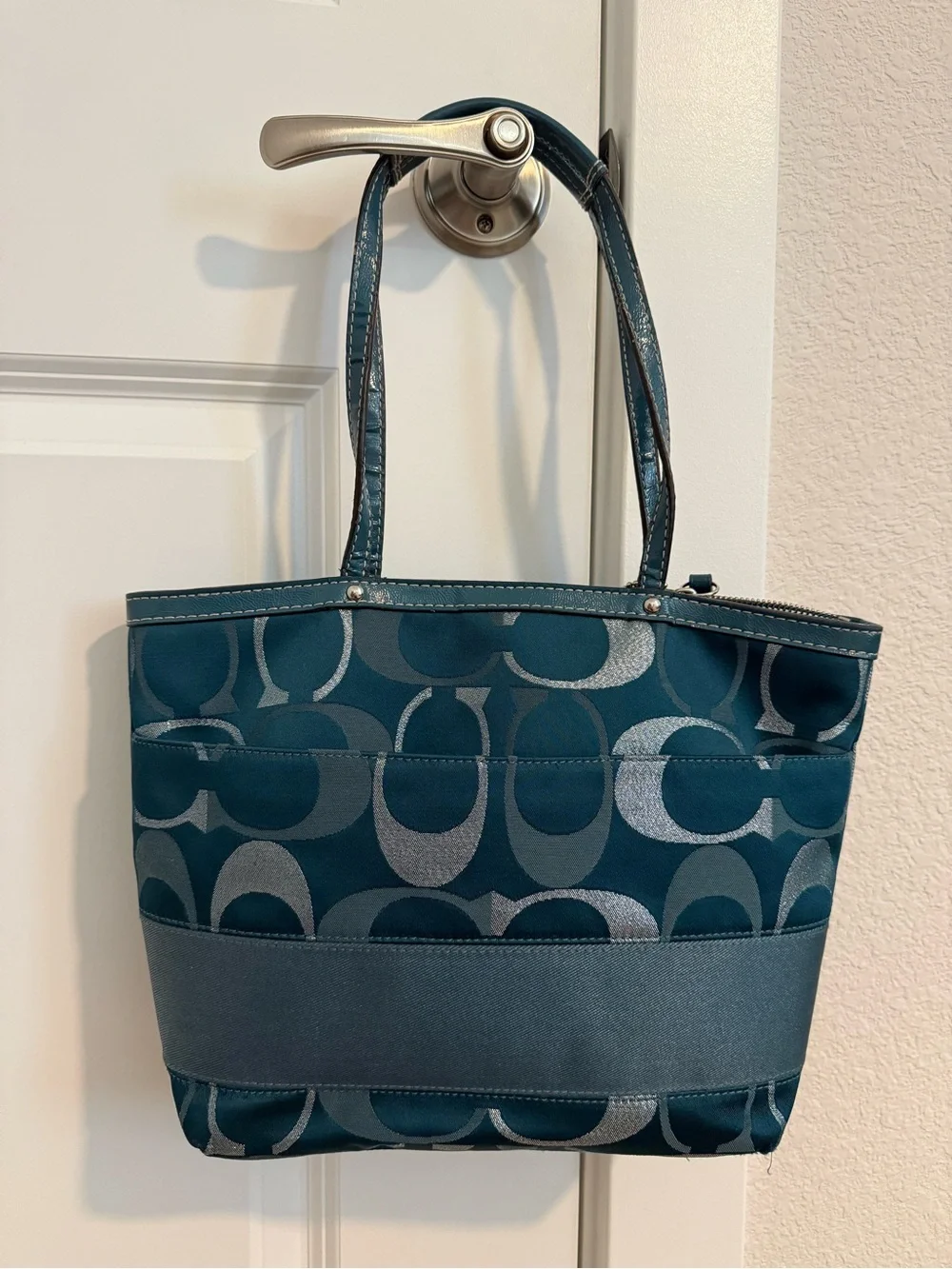 COACH factory F20429 Signature Sateen Tote Shoulder Bag in Teal Blue Metallic
